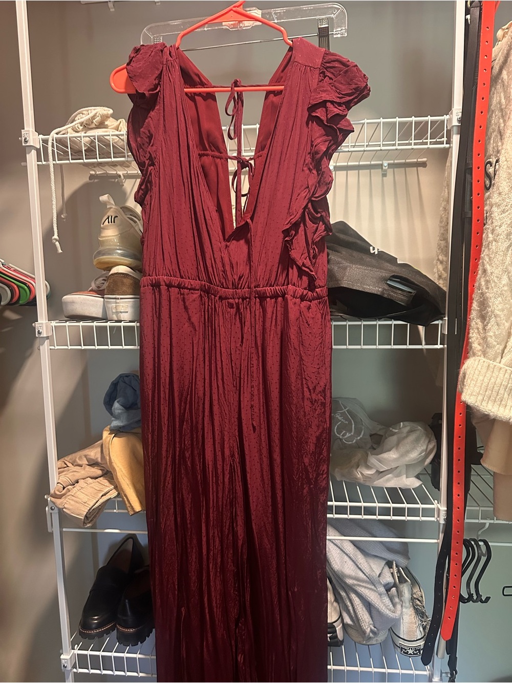 Madewell Women's Deep Red Ruffled V-Neck Jumpsuit